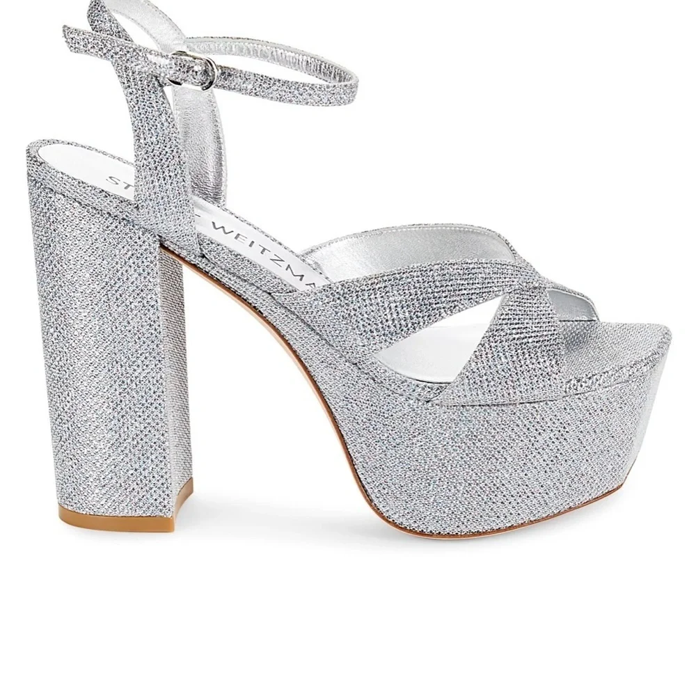 Stuart Weitzman Miami Embellished Platform Sandals – Silver | Size 9B | New